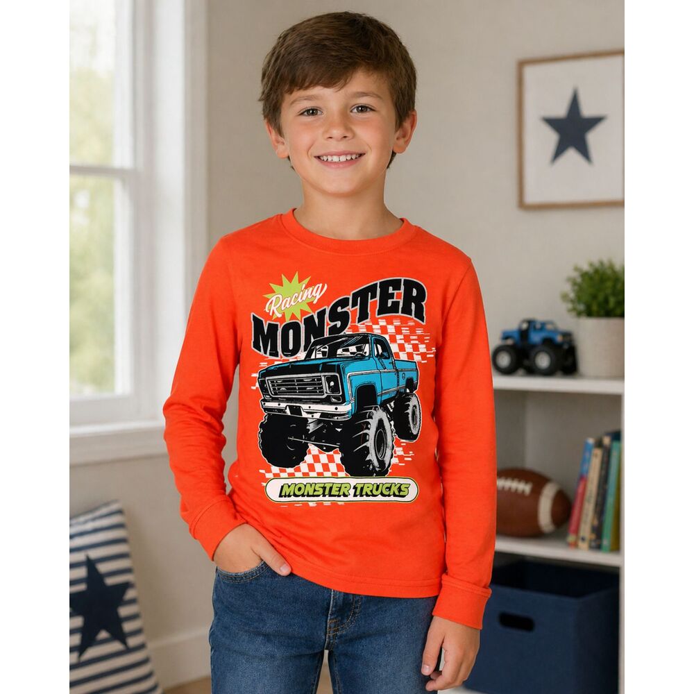 Highland Originals Boys Sz 7 Racing Monster Trucks Orange LS Tee #9